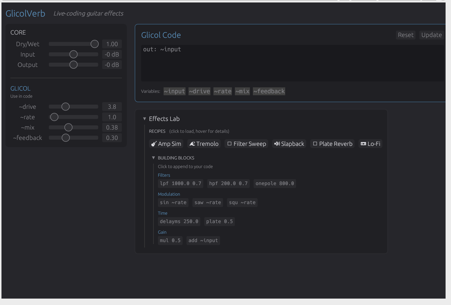 Screenshot of Glicol Verb in action